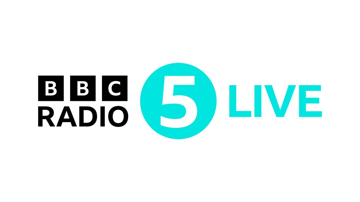 A logo for bbc radio 5 live with the words " bbc radio five liv " in black and " bbc radio 5 live " in blue.